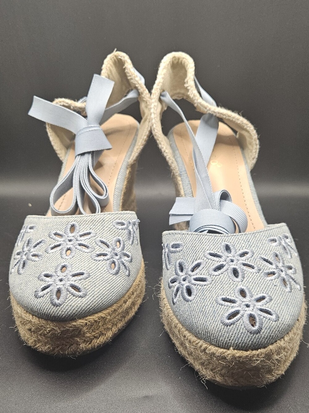 BAMBOO Light Blue Floral Embroidered Espadrille Wedge Sandals
